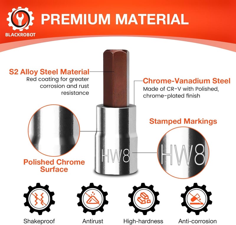 BLACKROBOT 8 mm Hex Bit Socket, 3/8 Inch Drive HW8 Allen Key Socket, Metric, Full Polished, S2 Steel Head Made For Repairing - Image 2